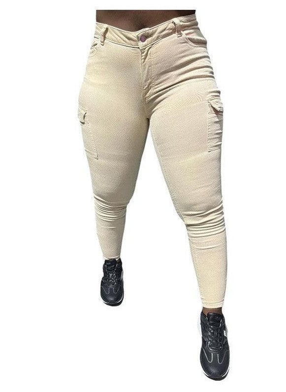 Buy-Ladies High Waist Super Skinny Strong Stretchy Cargo Pants | Zip Detail | "Oola"-Khaki-28-Online-in South Africa-on Zalemart