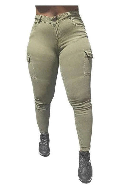 Buy-Ladies High Waist Super Skinny Strong Stretchy Cargo Pants | Zip Detail | "Oola"-Olive Green-28-Online-in South Africa-on Zalemart
