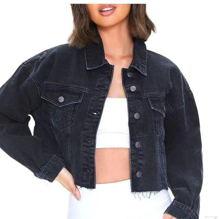 Buy-Ladies Super Strong Cropped Denim Jacket | Ripped | "Fele"-Charcoal Black-S-Online-in South Africa-on Zalemart