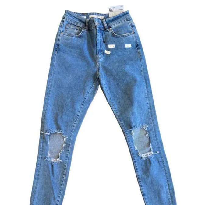 Woman's High Rise Navy Ripped  Skinny Jeans (Bershka)